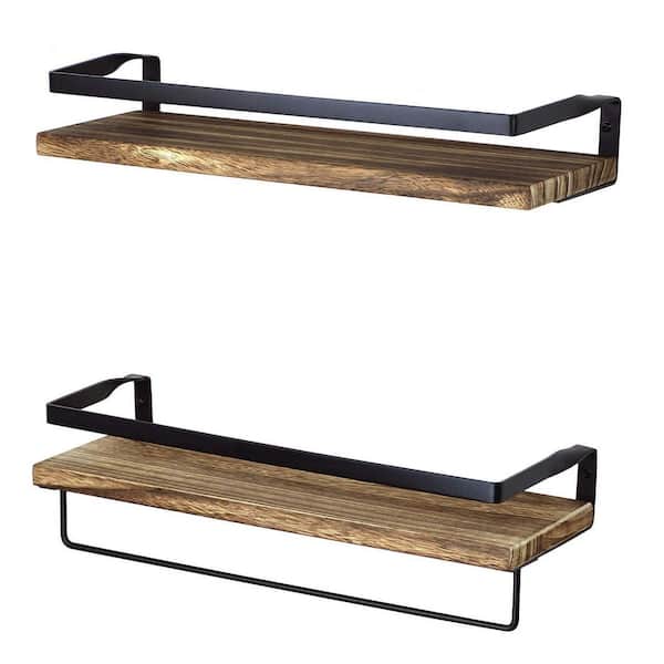 Dracelo 16.75 in. W x 5.5 in. D x 2.75 in. H Rustic Brown Wood and Metal Wall Mount Bathroom Set of 2 Shelves with Towel Bar