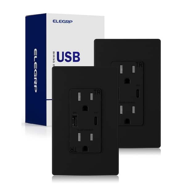 ELEGRP 30-Watt Type A & Type C USB Duplex Wall Outlet for PD and QC, 15 Amp Receptacle, w/Wall Plate (2-Pack, Black)