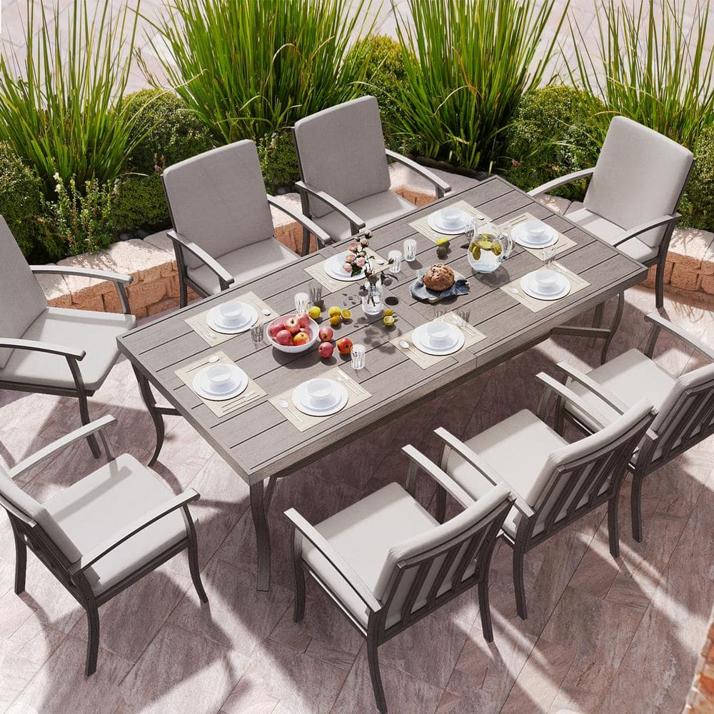 Rectangle EGEIROSLIFE with CZ9-GM-A1-HD4 Home The Gray Aluminum Outdoor Dining 9-Piece Brown Cushions - Table and Depot Set