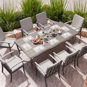 Brown 9-Piece Aluminum Outdoor Dining Set with Rectangle Table and Gray Cushions