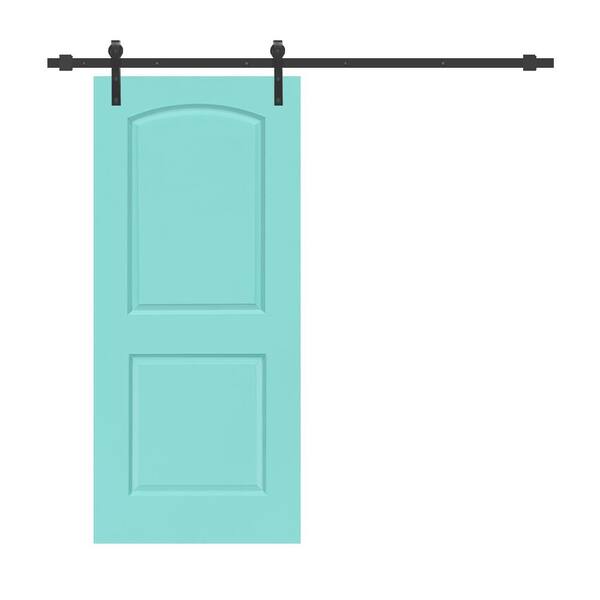 CALHOME 36 in. x 80 in. 2-Panel Mint Green Stained Composite MDF Round Top Interior Sliding Barn Door with Hardware Kit