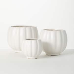 5.25", 5", and 3.5" Ribbed White Round Ceramic Planter (Set of 3)