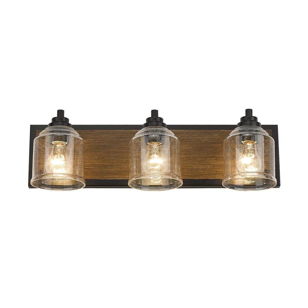 Farmhouse 23 in. 3-Light Black and Dark Wood Grain Wall Sconce Modern Bathroom Vanity Light with Seeded Glass Shade price history on PriceWatchPro