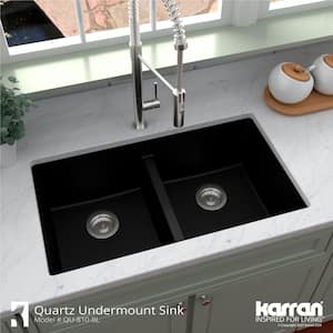 QU-810 Quartz/Granite 32 in. Double Bowl 50/50 Undermount Kitchen Sink in Black with Bottom Grid and Strainer