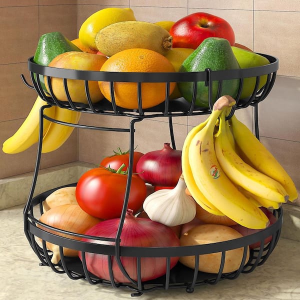2 Tiers Black Metal Fruit Basket for Kitchen Counter with 2 Banana Hangers, with Circular Feet, Metal Fruit Bowl