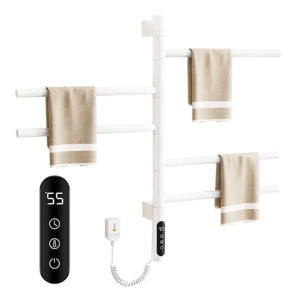 5 Bar Wall Mounted Plug-in/Hardwired Towel Warmer Rotating Heated Rack in White with Intelligent Touch Screen Timer