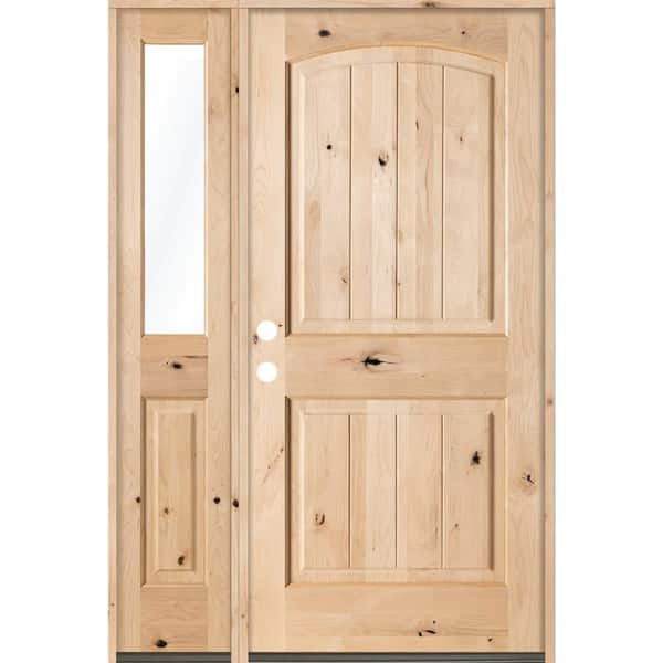Krosswood Doors 44 in. x 80 in. Rustic Unfinished Knotty Alder Arch Top VG Right-Hand Left Half Sidelite Clear Glass Prehung Front Door