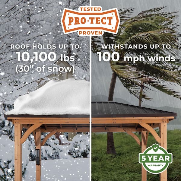 Barrington 16 ft. x 12 ft. All Cedar Wood Outdoor Gazebo Structure w/Hard Top Steel Metal Hip Roof and Electric, Brown