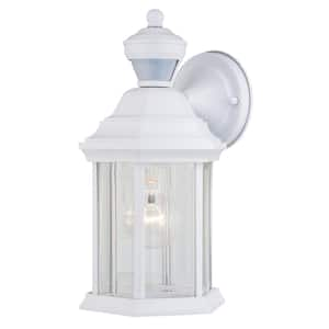 Auburn Aluminum 6.25 in. W 1-Light White Motion Sensor Dusk to Dawn Outdoor Wall Lantern Clear Glass