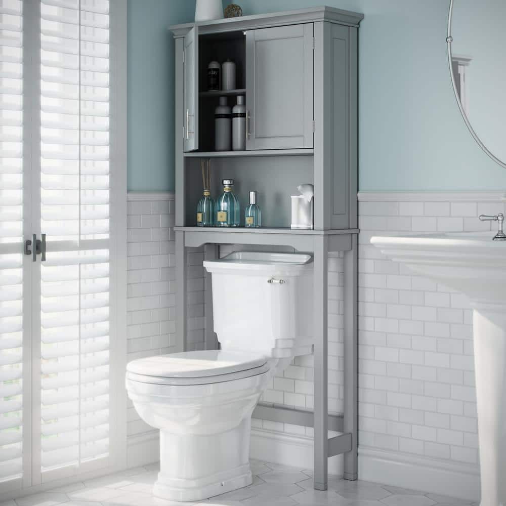 Transitional Gray Engineered Wood Over-the-Toilet Storage with Adjustable Shelves