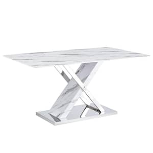 Modern Rectangle White Faux Marble 68.9 in. Pedestal Dining Table Seats for 6