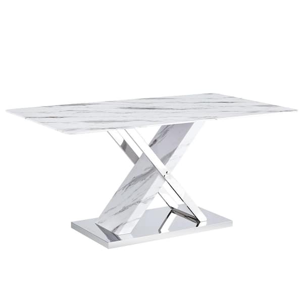 Polibi Modern Rectangle White Faux Marble 68.9 in. Pedestal Dining Table Seats for 6