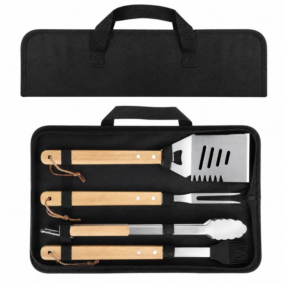 4 Piece Natural Wood Finish Stainless Steel Grilling Accessories Set with Tongs Fork Spatula Brush Carry Bag price history on PriceWatchPro