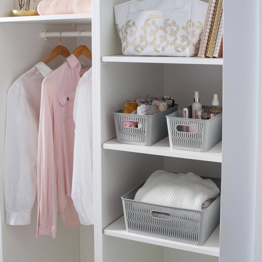 Small Gray Stackable Plastic Storage Tote Baskets, Set of 2