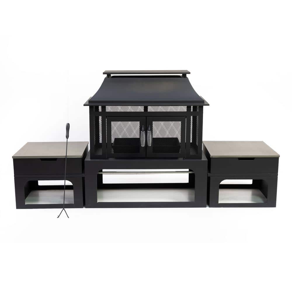 70 in. Rectangular Outdoor Steel Woodburning Fire Pit in Black with Log Sto