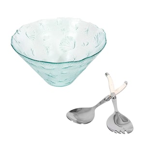 Recycled Clear Glass 12"W x 6"H, Coastal Salad Bowl and Laguiole Salad Servers with Faux Ivory Handles