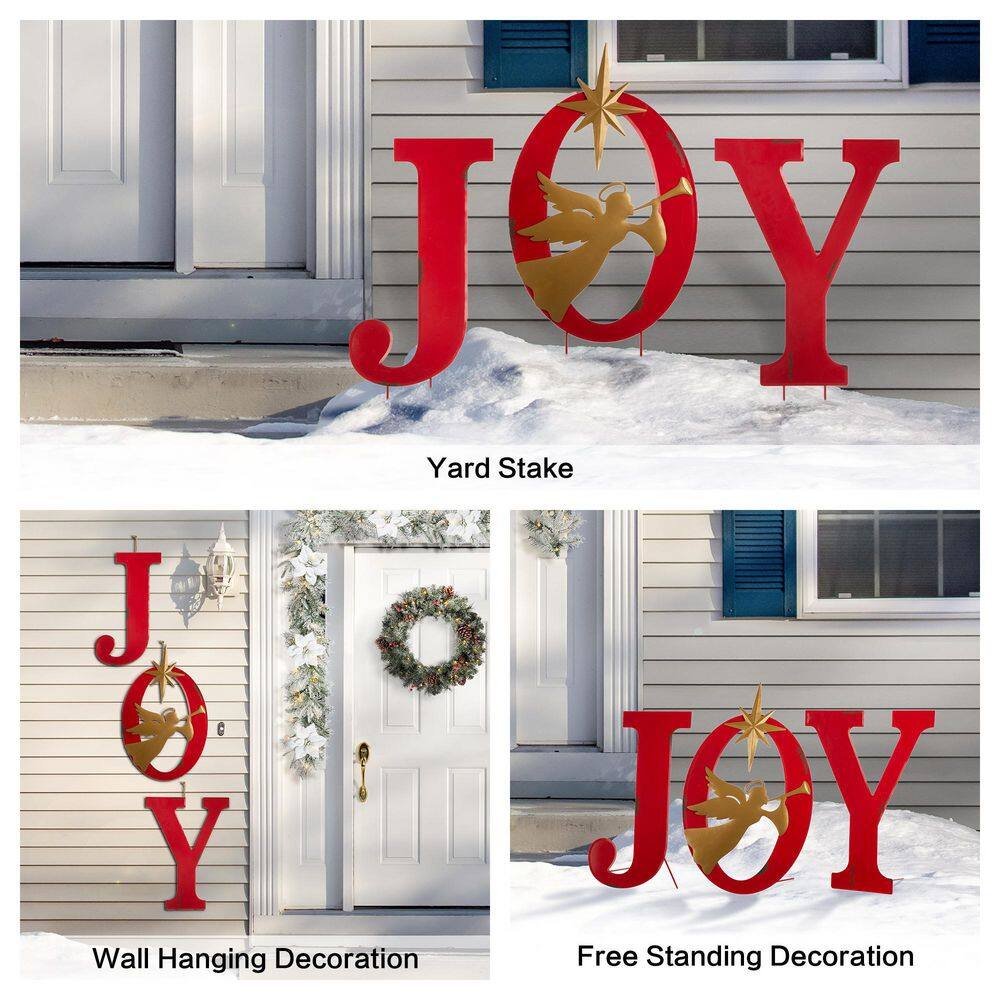 Festive Red and Gold Metal JOY Yard Stake with Angel