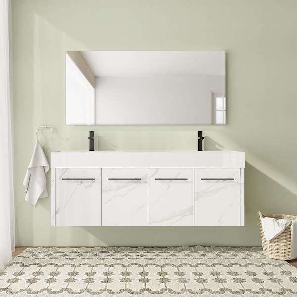 60 in. Wall-Mounted Double CarraraWhite+White Bath Vanity with White Resin Top Unassembled
