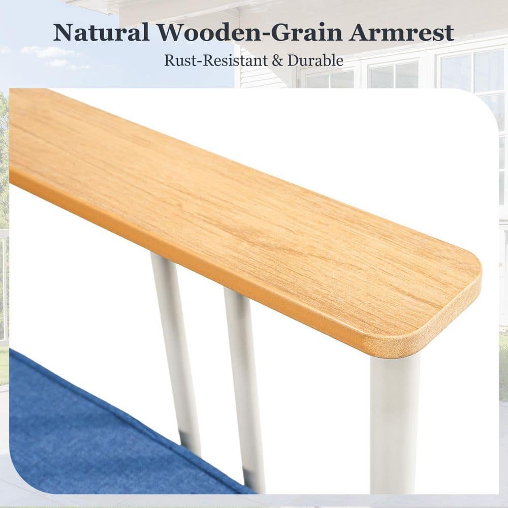 Close-up of the natural wooden-grain armrest on the white metal couch.