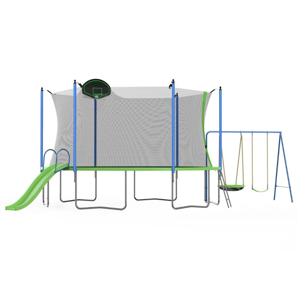 Green 14 ft. Iron Large Recreational Trampoline with Basketball Hoop and Ladder, Slide and Swings