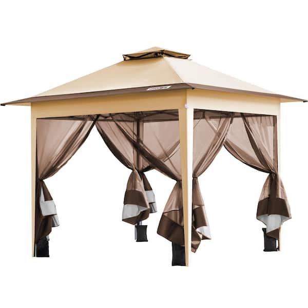 10 ft. x 10 ft. Double-Tiered Roof Pop Up Beige Canopy with Mosquito Netting