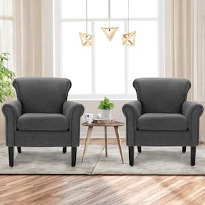 Dark Gray Upholstered Fabric Accent Chairs with Rubber Wood Legs (Set of 2)