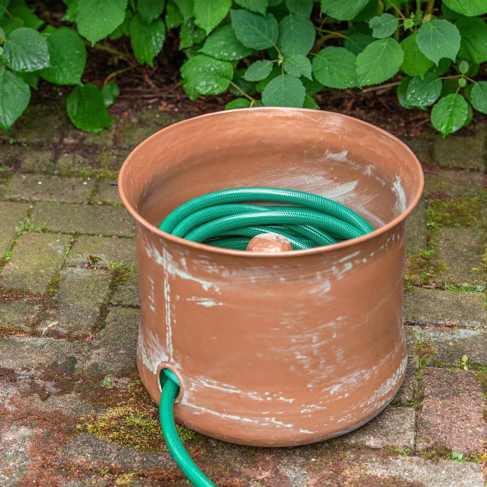Copper Finish Cylinder Garden Hose Holder with Patina