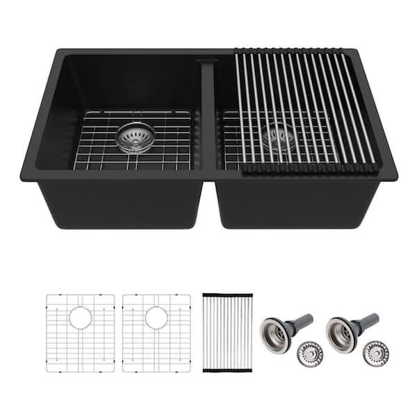 33 in.Matte Black Quartz Composite Double Bowl 50/50 Undermount Kitchen Sink with Accessories