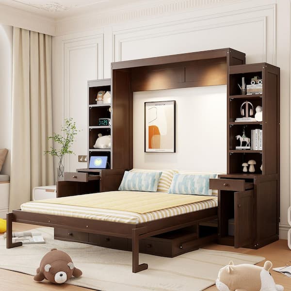Dark Brown Wood Frame Queen Murphy Bed with Lights, Built-In Desk and Storage, Multifunctional Space-Saving Wall Bed