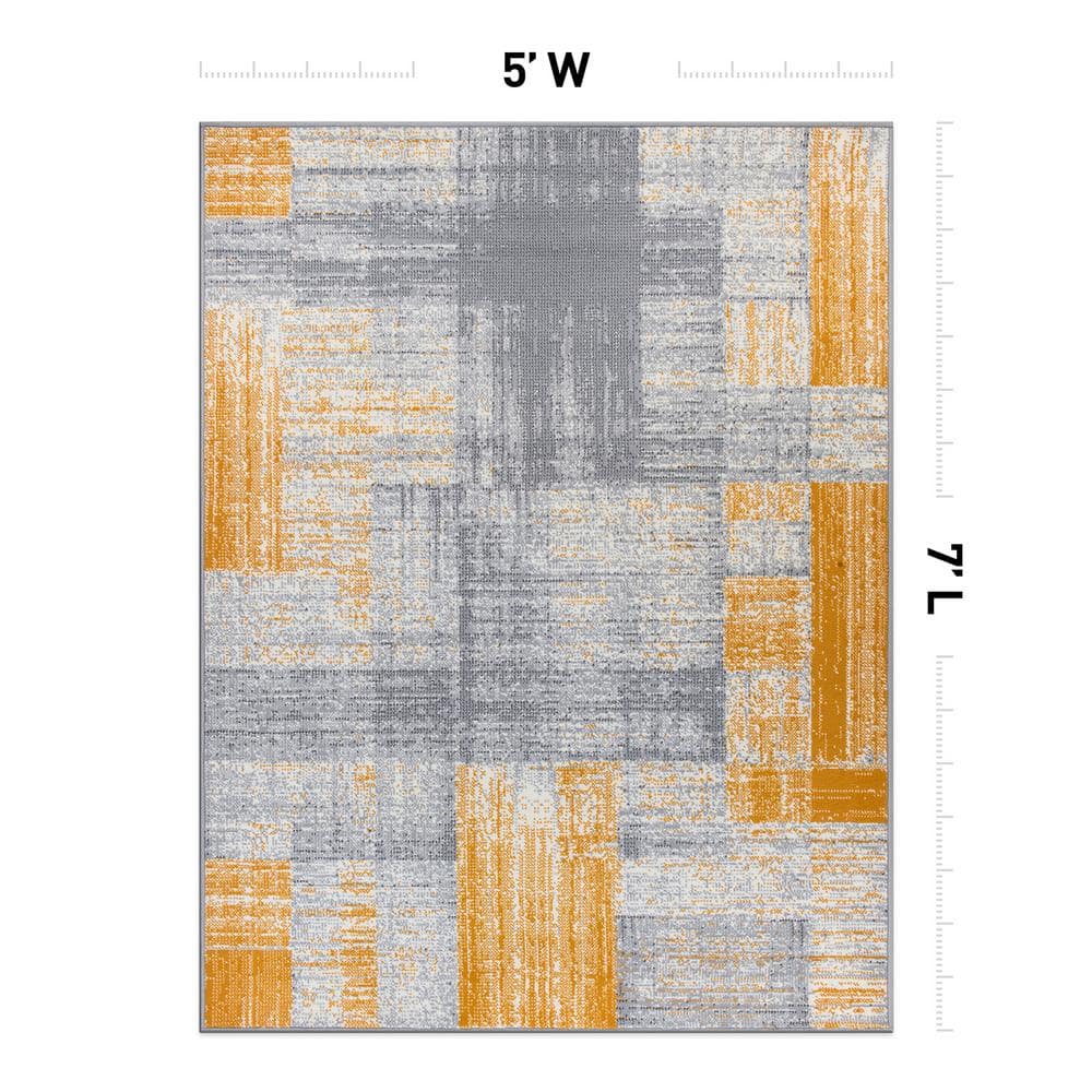 Yellow and Gray Geometric Distressed Area Rug 5' x 7'