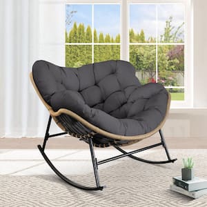 Oversized Beige PE Wicker Outdoor Rocking Chair Papasan Chair with Gray Cushion