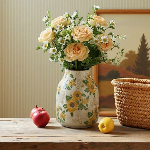 8 in. Beige Ceramic Cylinder Sunflower Floral Modern Flower