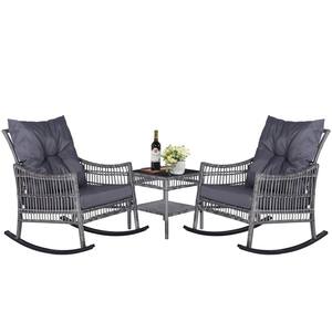 3-Pcs Patio Wicker Outdoor Bistro Set with Blue Cushions and Pillows