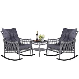 3-Pcs Patio Wicker Outdoor Bistro Set with Blue Cushions and Pillows