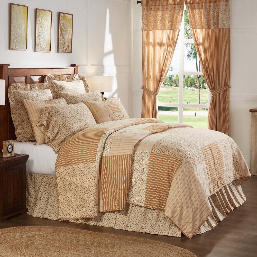 Golden Striped and Floral Reversible Twin Cotton Quilt