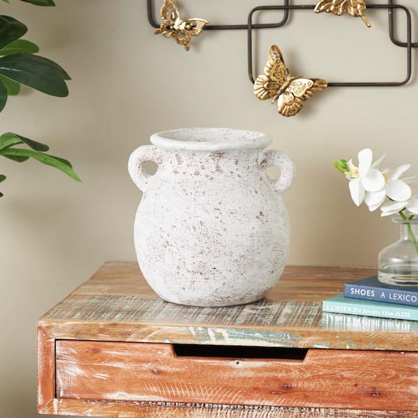 Litton Lane Cream Antique Style Textured Pot Ceramic Decorative Vase with Handles