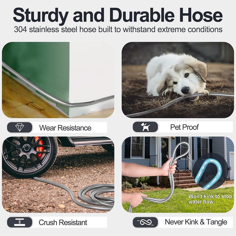 50ft Heavy Duty Stainless Steel Garden Hose with Aluminum Nozzle