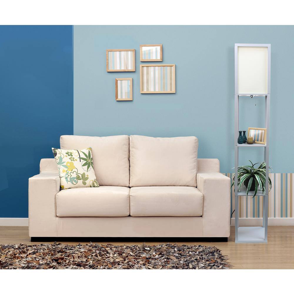 Gray Wood Floor Lamp with Linen Shade and Shelves