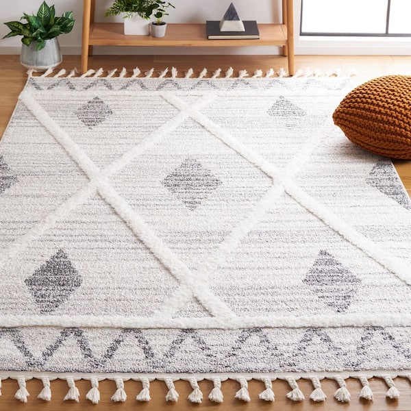 Moroccan Tassel Shag 9 ft. x 12 ft. Beige/Gray Zig-Zag Border Diamond Area Rug