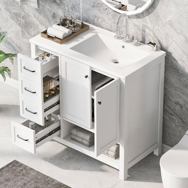 36 in. Single Sink Freestanding White Bath Vanity with White Ceramic Top