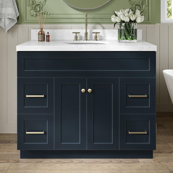 Hamlet 42 in. W x 22 in. D x 36 in. H Single Sink Freestanding Bath Vanity in Midnight Blue with Carrara Quartz Top