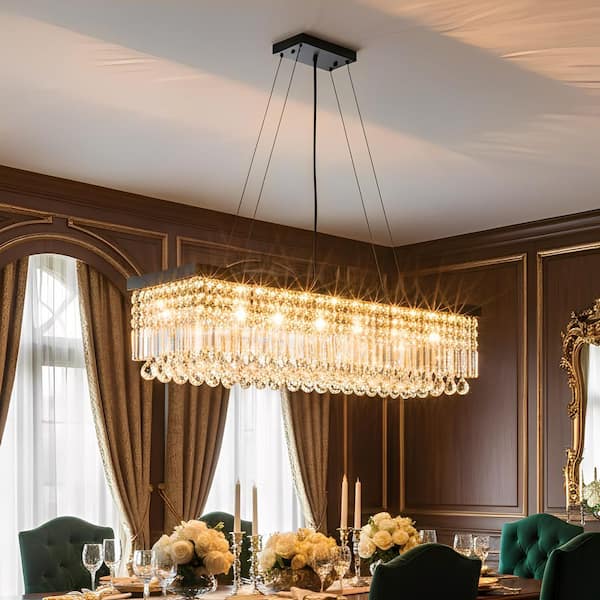 10-Light Black Modern Rectangle Crystal Chandelier, K9 Pendant Light for Dining Room or Kitchen Island