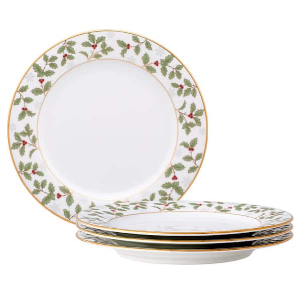 Noritake Holly & Berry Gold 8.25 in Porcelain White Salad Plates Set Of