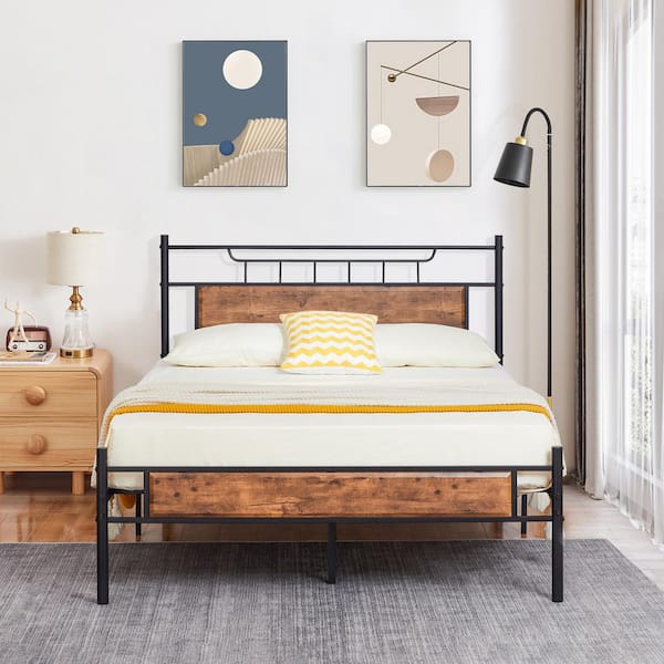 ledematen Ru Wild VECELO Queen Bed Frame with Modern Wood Headboard 62.5 in. W Metal Platform  Bed with Frosted Iron Frame Brown KHD-BTJ-MBQ06-RBN - The Home Depot