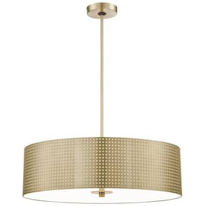 Grid 75-Watt 4-Light Soft Brass Drum Pendant Light with Perforated Metal Shade and No Bulbs Included