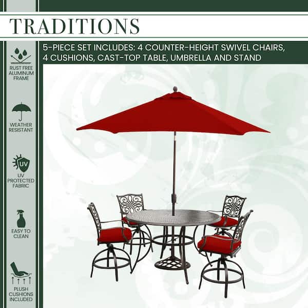 Hanover Traditions 5 Piece Aluminum Outdoor Bar Height Dining Set With Red Cushions Swivel Chairs Table Umbrella And Stand Traddn5pcbr Su R The Home Depot