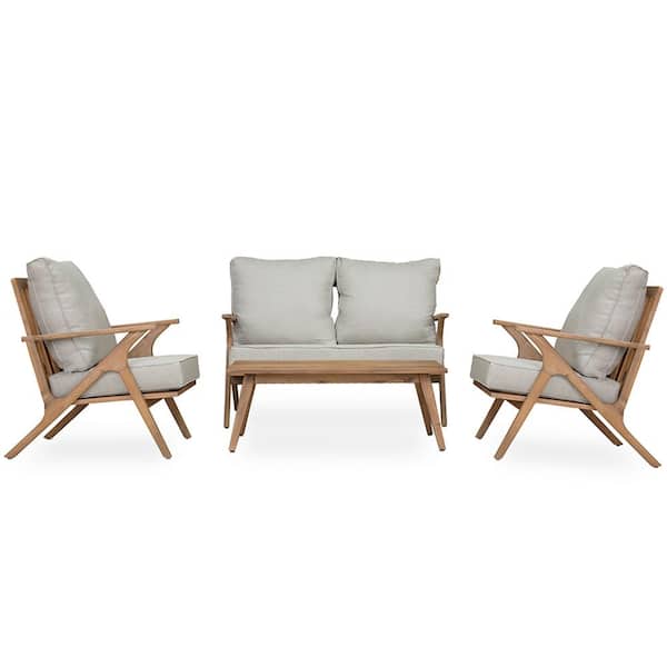 Miscool Anky Brown 4-Piece Wood Patio Conversation Set with Gray Cushions