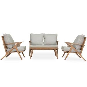 Anky Brown 4-Piece Wood Patio Conversation Set with Gray Cushions