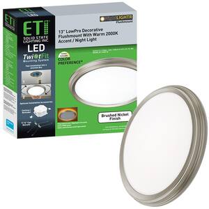 13 in. Brushed Nickel Decorative Curved Beveled Edge Selectable CCT LED Flush Mount with Night Light Feature 1350 Lumen