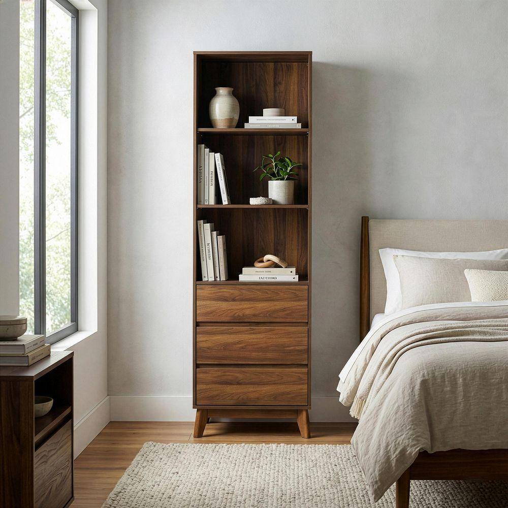Glamour Home Anson Bookcase Display Shelf Media Tower with Drawers